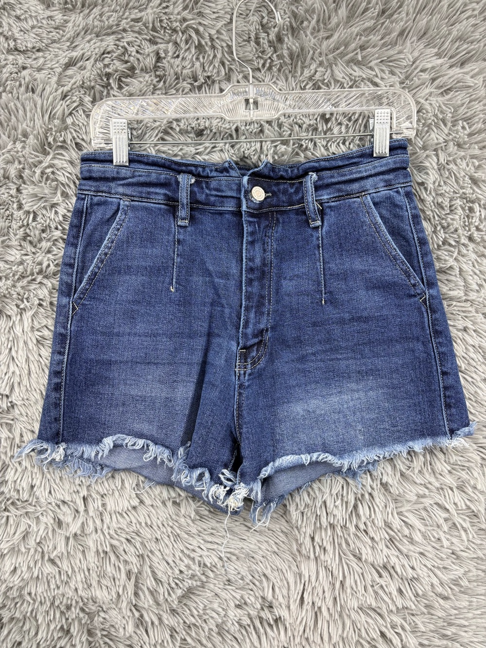 Kancan High Rise Denim Shorts Womens Large Paperbag Frayed Hem Pleated Pockets